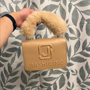 New Beige Flat Handbag Faux Fur OS
